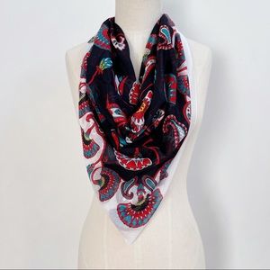 Vintage Cotton White Red Black Floral Paisley Lightweight Scarf Botanical